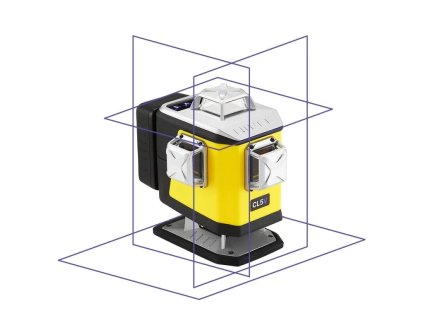 Nivel System CL5V – schéma promítání 4 rovin 360° (2× horizontální, 2× vertikální), fialové laserové linie result