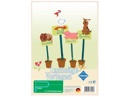 Pebaro Laubsäge Vorlagen Garten – šablona jmenovek na bylinky, Art. 3722S (Kräuterstecker), obrázek hotových zápichů