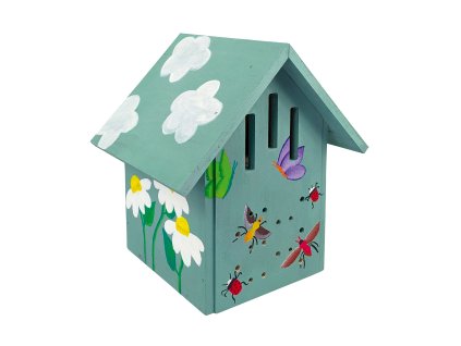Pebaro 467 – hmyzí hotel po nátěru, šedozelená střecha, malované květy a hmyz