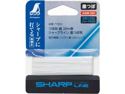 Prodejní balení náhradní šňůry Shinwa Sharp Line 0,4 mm na bílé cívce. Modro-stříbrná karta obsahuje technické údaje v japonštině a logo tučňáka.