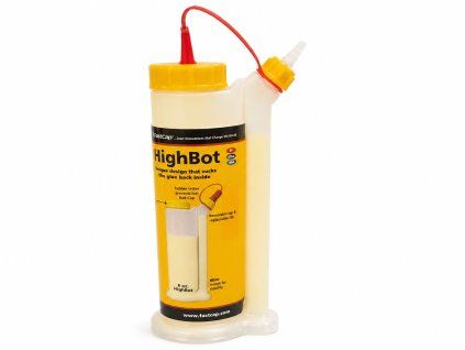 Dávkovač lepidla FastCap HighBot 170 ml (6 oz) s bočním aplikátorem, pohled zepředu na bílém pozadí.