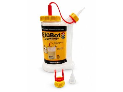 Dávkovač lepidla FastCap GluBot s vodítkem na hrany při nanášení lepidla do svislé spáry na hraně desky.