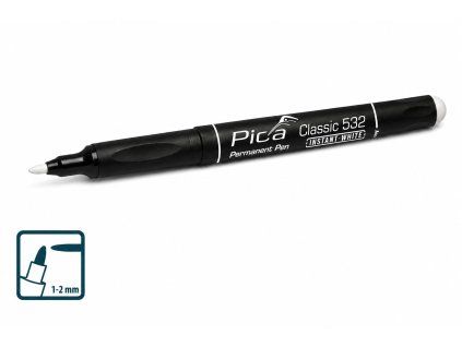 Pica Classic 532 Instant-White – bílý permanentní popisovač s hrotem 1–2 mm v perspektivním pohledu