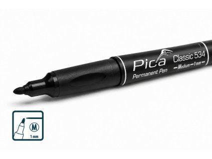 Pica Classic 534 Medium 1 mm – detail permanentního popisovače se středním hrotem a piktogramem Medium 1 mm pro výrazné a dobře čitelné značení na plastu, kovu nebo technických materiálech.