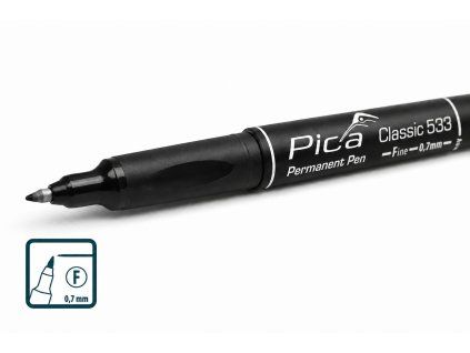 Pica Classic 533 Fine 0,7 mm – detail jemného permanentního hrotu s piktogramem Fine 0,7 mm pro přesné technické značení kabelů a drobných součástí.