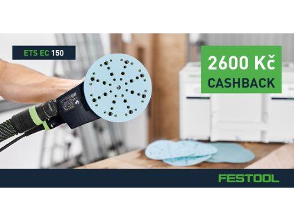 Banner Festool ROTEX 150 – excentrická bruska s odsáváním, akce 2600 Kč cashback, logo Festool