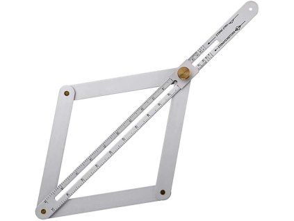 Celkový pohled na stříbrný kombinovaný úhelník z lehké slitiny v rozloženém stavu, ukazující centrální rameno se stupnicí a kloubová postranní ramena.