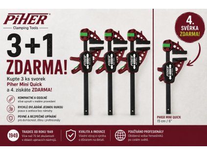 Akce Piher Mini Quick 3+1 zdarma – kupte 3 jednoruční svěrky Piher Mini Quick a 4. získáte zdarma. Kompaktní a lehké svěrky pro dílnu i montáže.