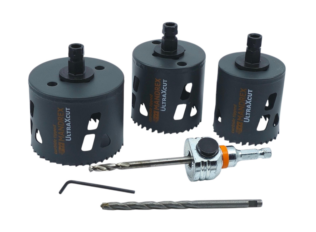 Mandrex | UltraXcut TCT Ø 60/68/83 mm – vrtací korunky se středicím vrtákem a unašečem