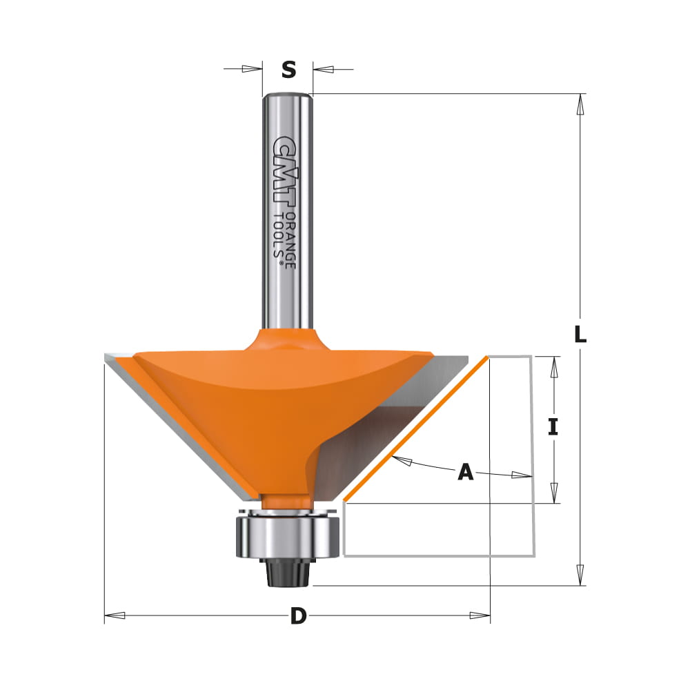 Levně CMT Orange Tools CMT | Úhlová fréza s ložiskem 45° / stopka Ø12 mm C 936: Úhel 45° / Ø45x18 / délka 67 / stopka Ø12mm