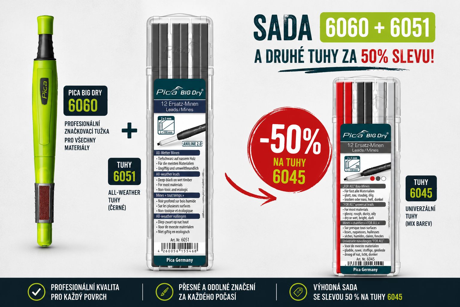 Pica Marker Pica | BIG Dry 6060 + 6051 Akční sada + tuhy 6045 se slevou 50 %