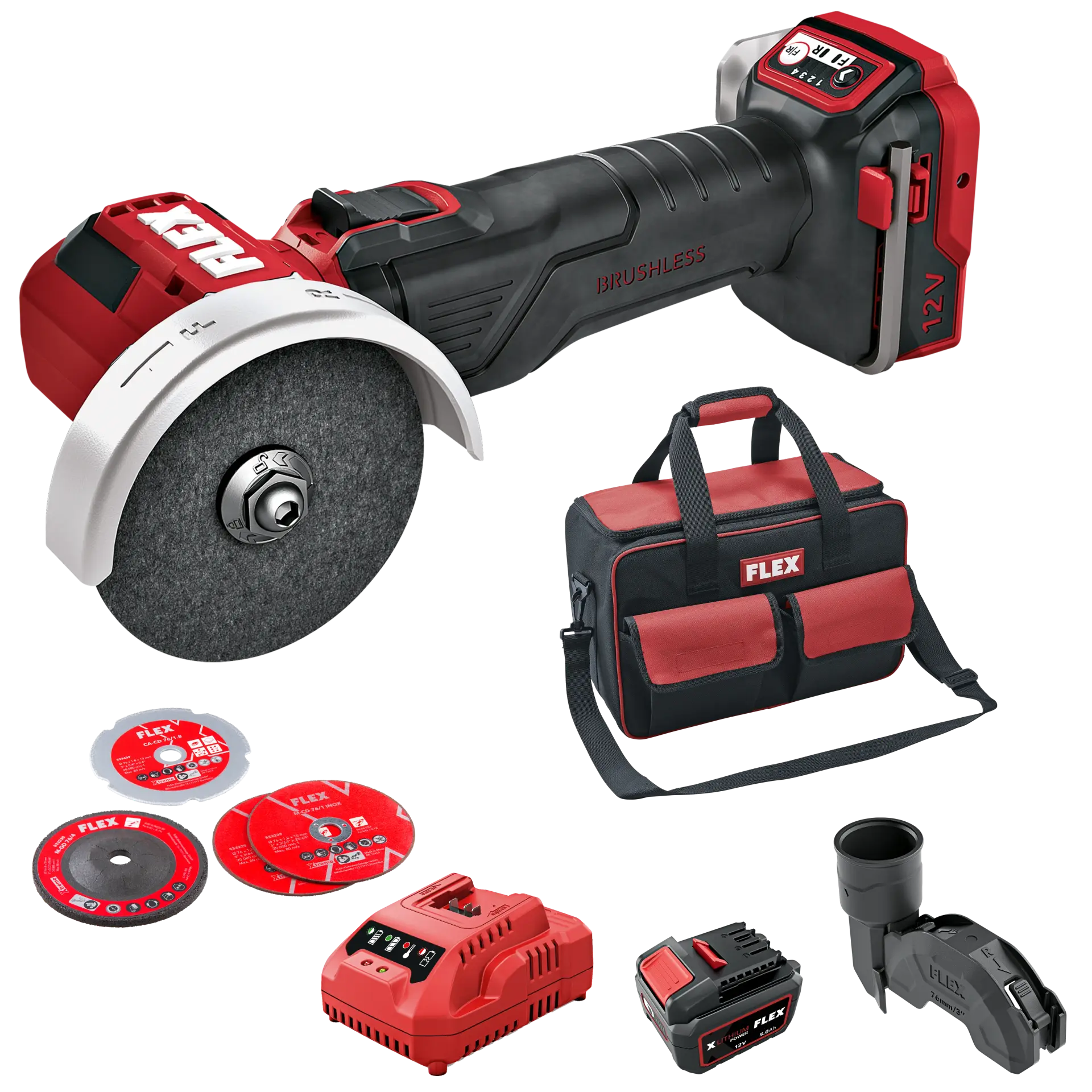 FLEX | Aku úhlová minibruska 12 V 76 mm – promo sada s 5,0Ah aku a nabíječkou