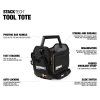 Infografika funkcí StackTech Tool Tote – rukojeť, kapsy, popruh, rychlé stohování a zámek