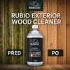 Rubio Monocoat Exterior Wood Cleaner – výsledek před a po vyčištění venkovního dřeva, odstranění zelených usazenin.
